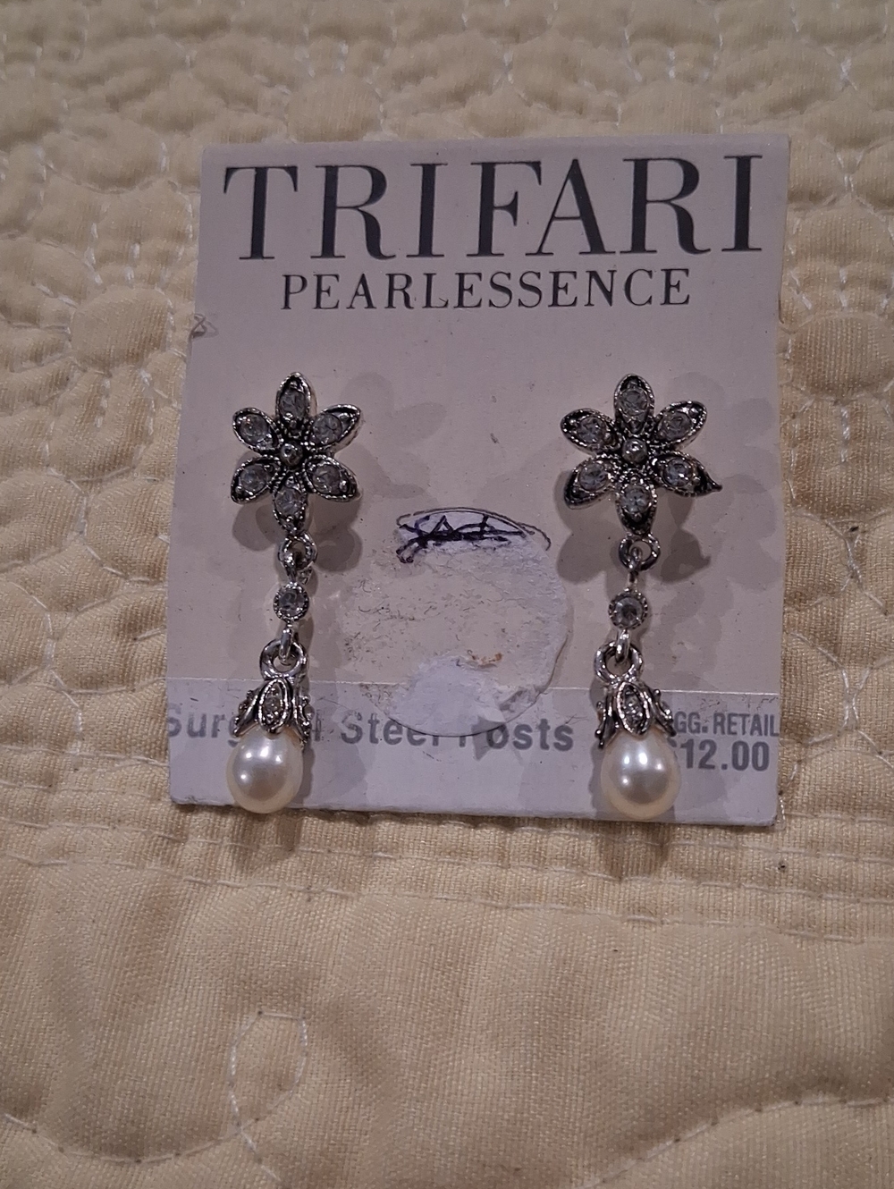 Trifari Silver Floral Crystal Drop Earrings with Pearl Dangles